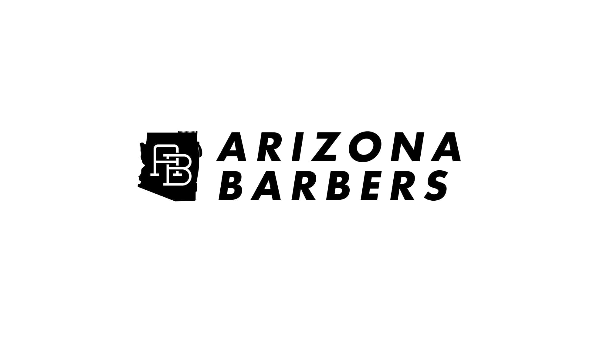 Official logo for Arizona Barbers featuring a bold sans-serif wordmark and a geometric 'AB' monogram.