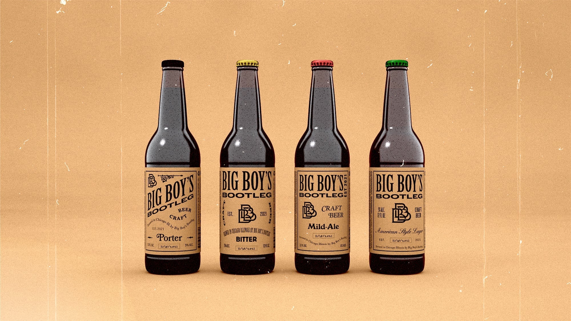 'Brown bottles, 'Big Boy's Bootleg' label, tan label, black text, four different beer types.'