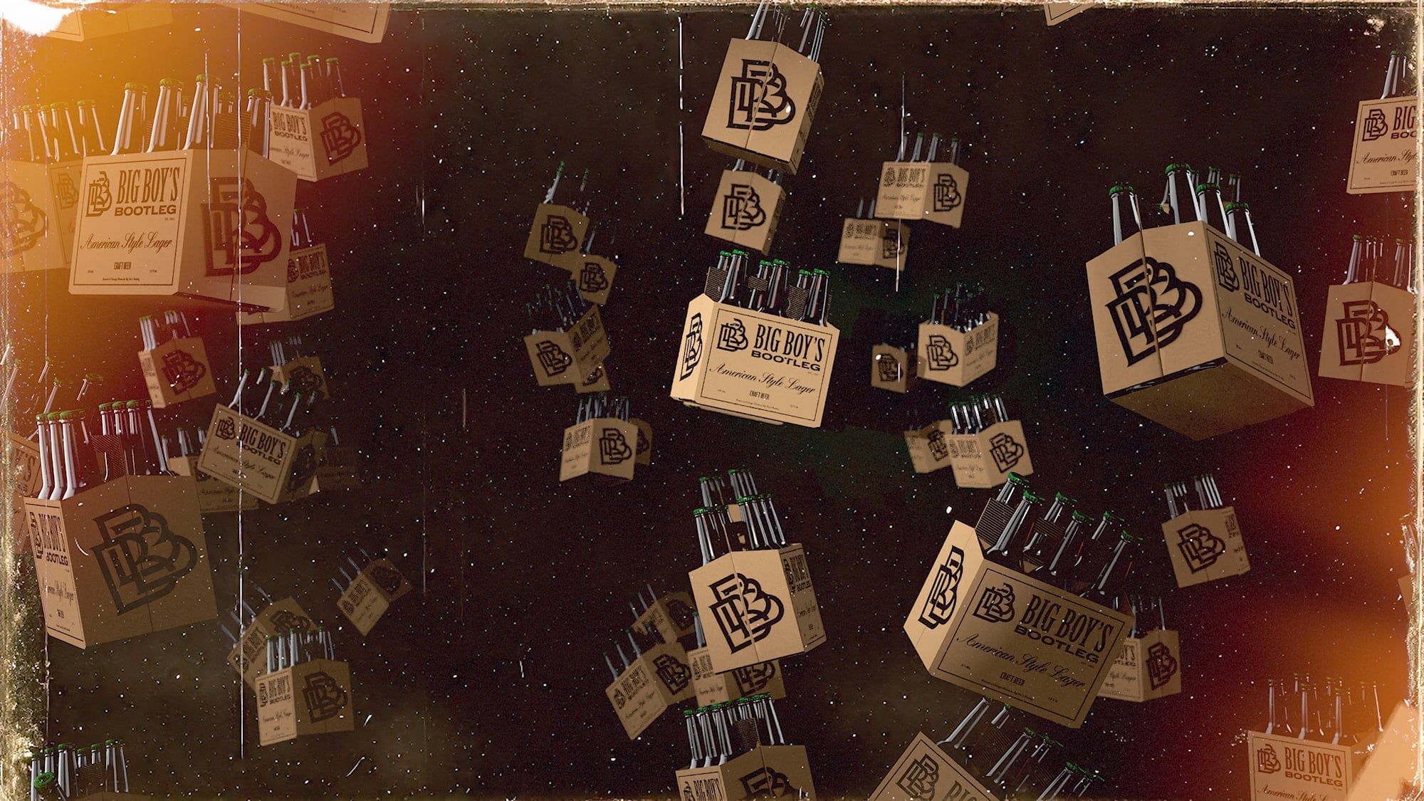 'Brown paper Big Boy's Bootleg American Style Lager beer bottles, 'Big Boy's Bootleg' and 'American Style Lager' text.'