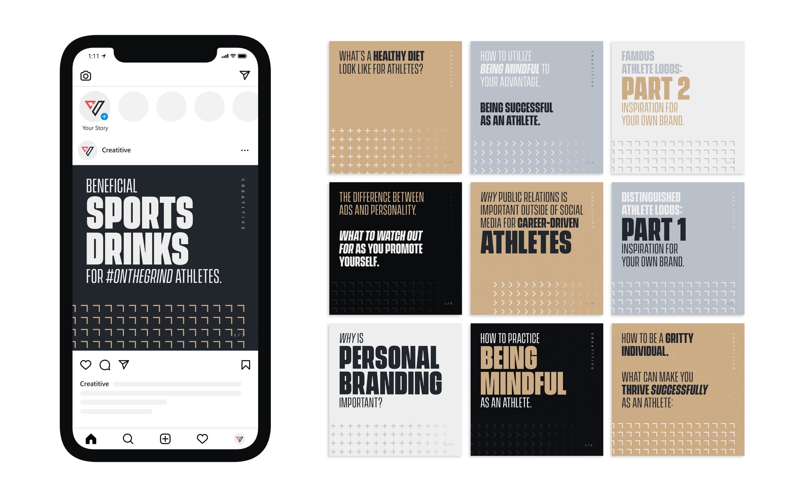A social media marketing mockup showing an Instagram feed strategy for a sports drink brand, featuring athlete-focused content.
