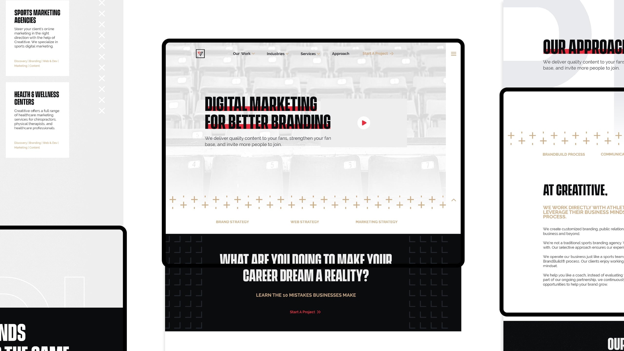 Desktop and mobile mockups of a brand strategy website layout, featuring clean typography and a professional aesthetic.