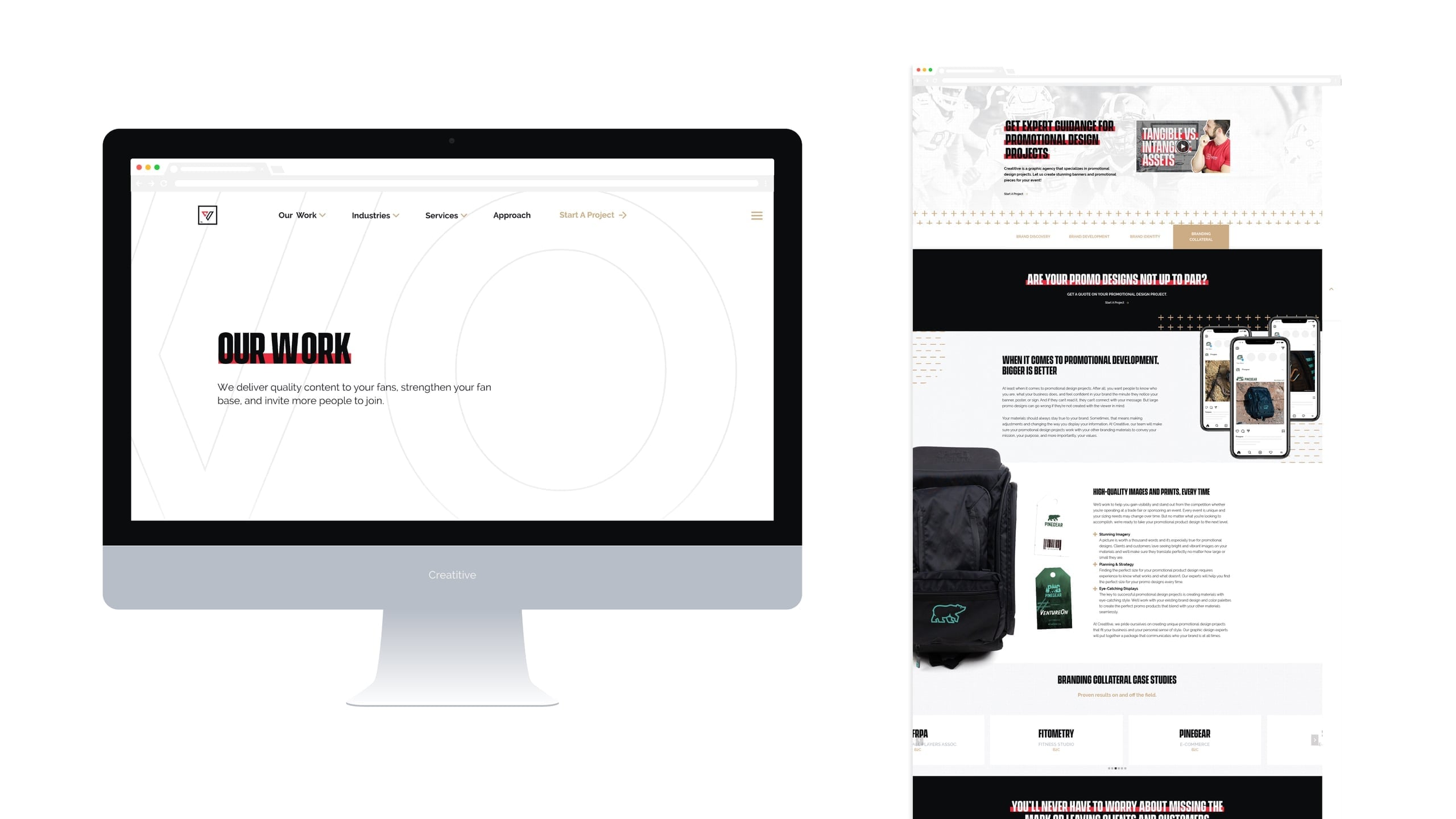 'Macbook screen displaying web design layout, 'Our Work' text, hexagonal shape, white background, black and red.'