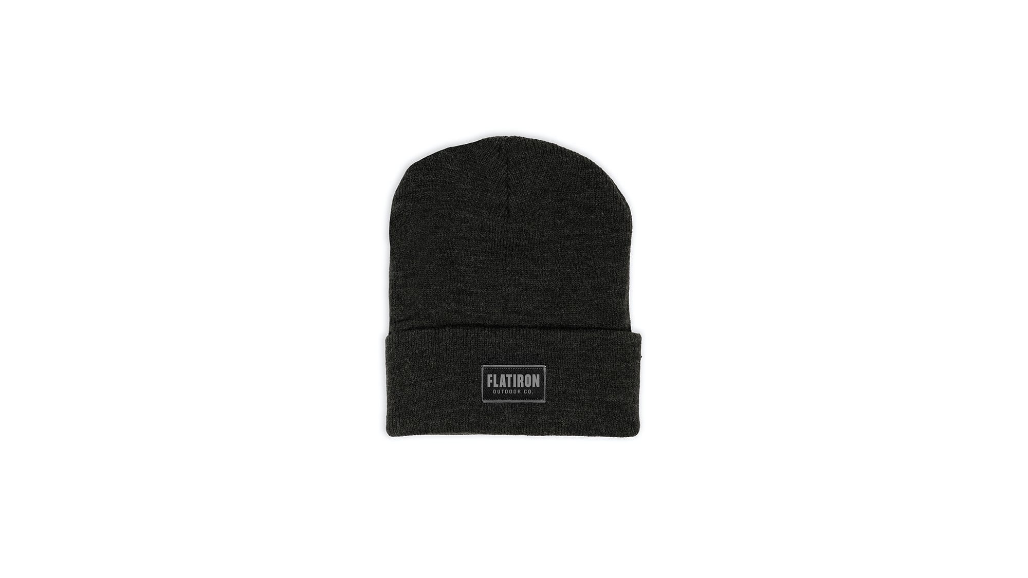 A classic black knit beanie with a minimalist Flatiron Outdoor Co. woven label.