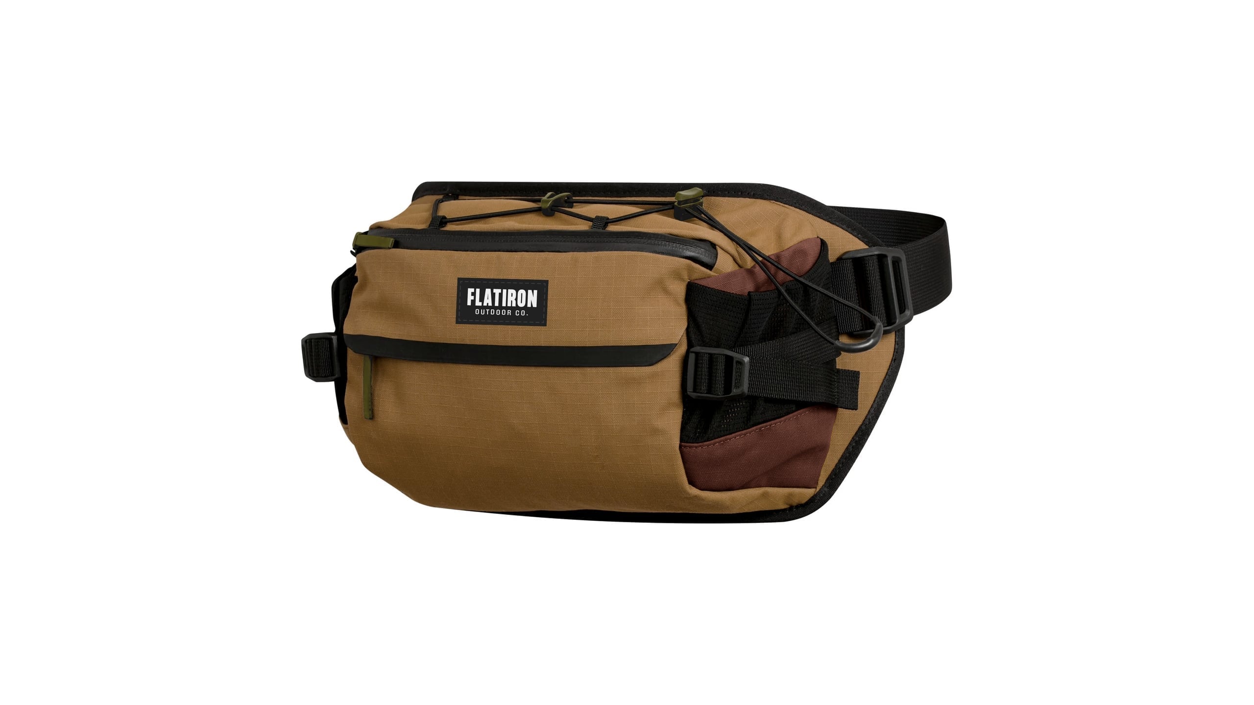 A tan and black tactical-style waist bag or fanny pack featuring high-quality webbing and the Flatiron logo.