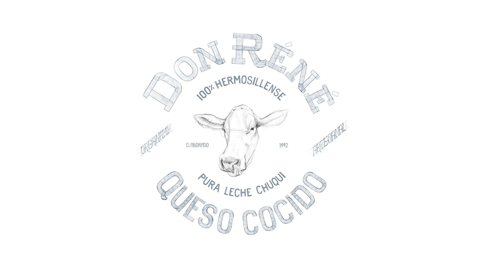 A minimalist circular logo sketch for Queso Don Rene featuring the cow head and clean, modern typography.