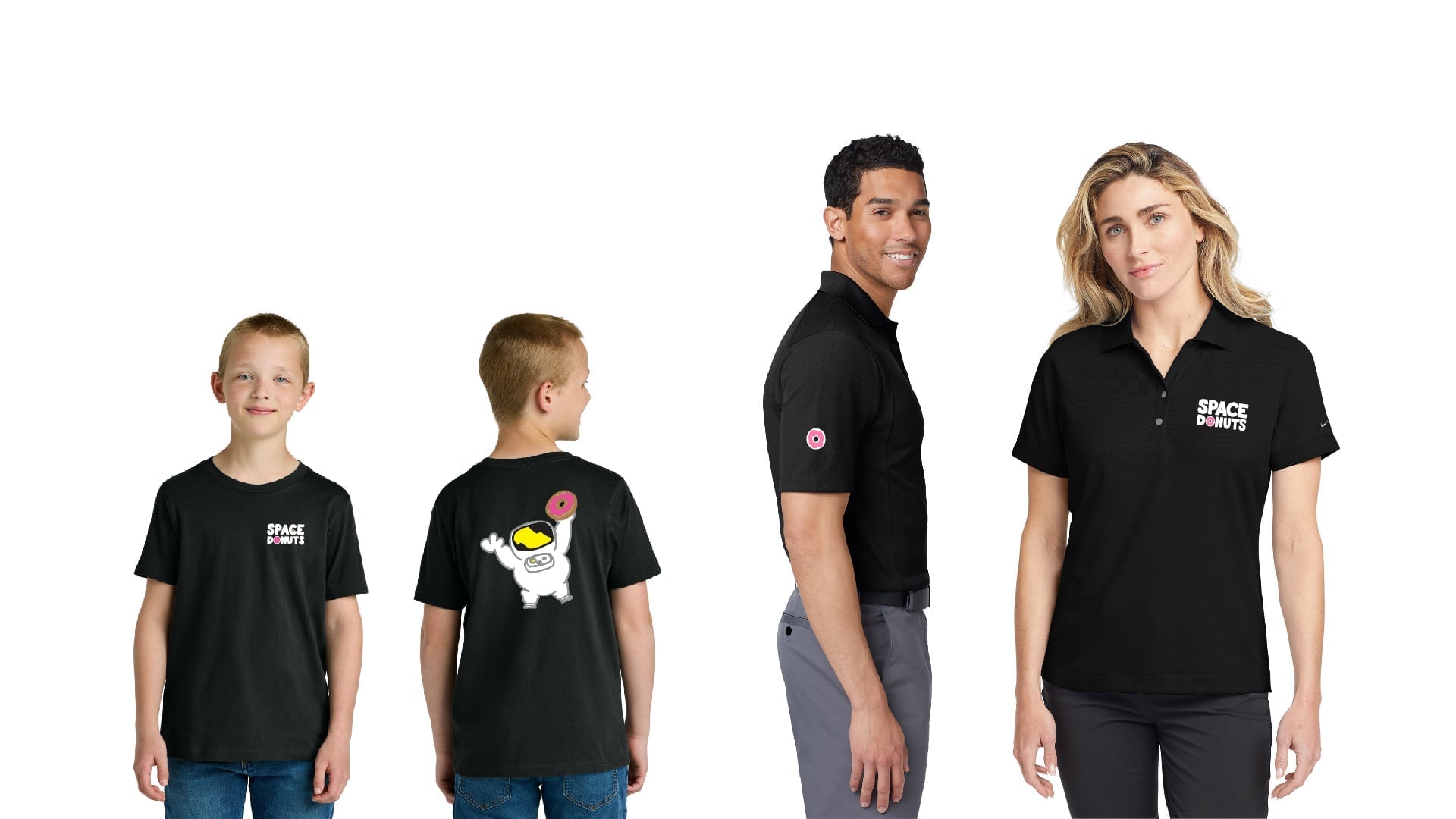 Athletes and models wearing Space Donuts branded apparel, including black polo shirts and t-shirts featuring the small chest logo.