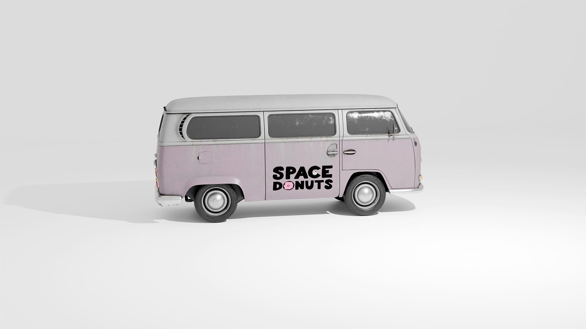 A vintage Volkswagen-style delivery van in a custom light purple color with the Space Donuts logo on the door panel.