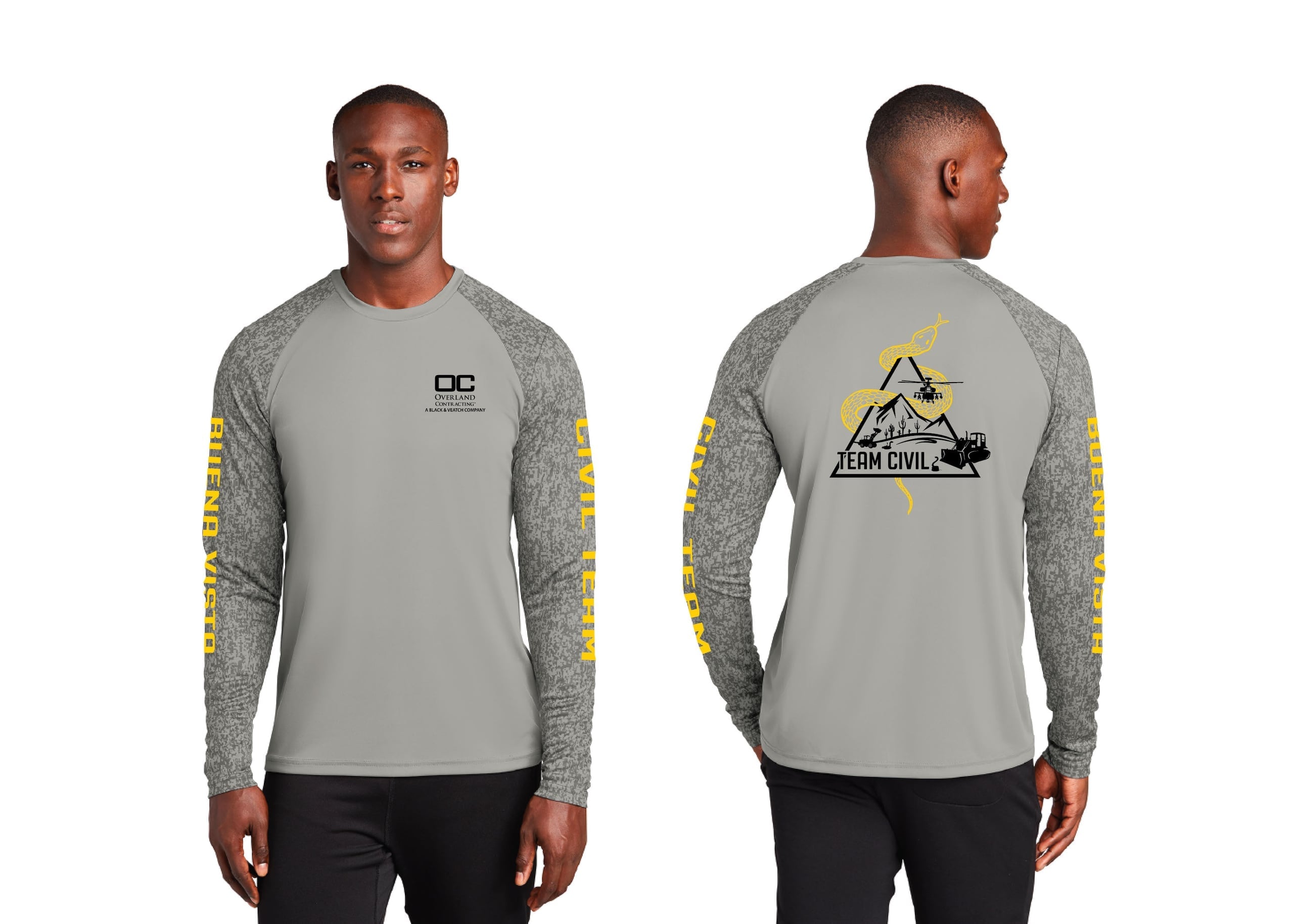 This image showcases a long sleeve athletic performance shirt designed by a graphic designer. The shirt features a vibrant graphic print on the back, prominently displaying a mountain with text that reads 'SUMMIT' and 'Grey Mountain Athletics'. The shirt is designed for branded apparel, aimed at an audience interested in outdoor activities or athletic attire.
