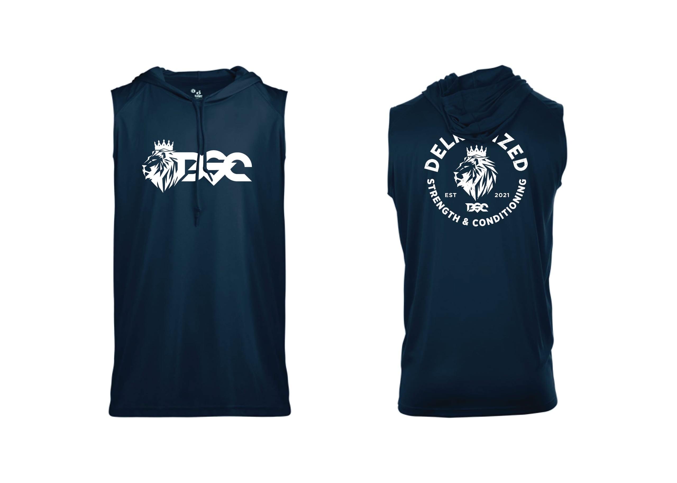 Mockup of a navy blue sleeveless performance shirt with bold white typography on the chest.