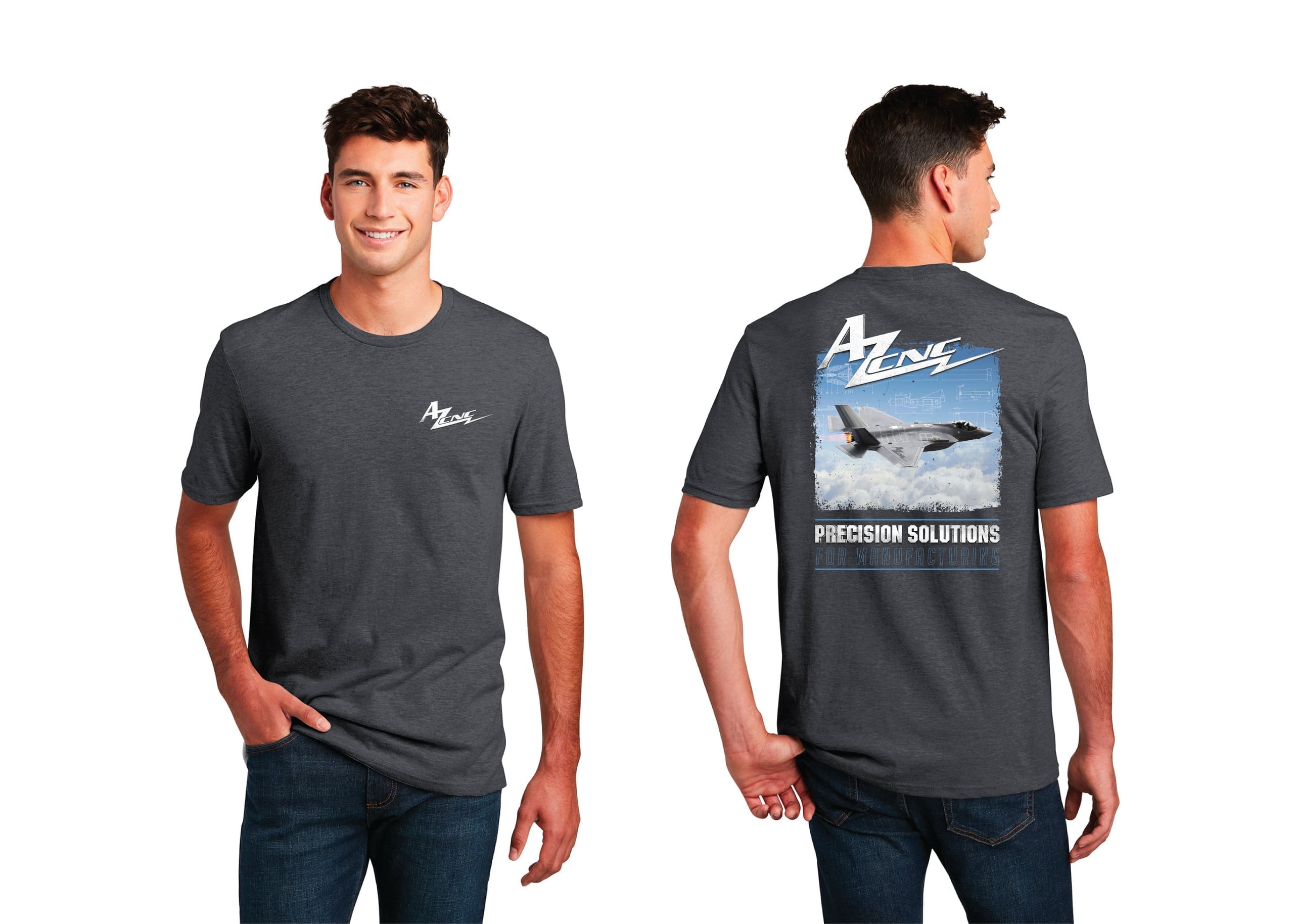 The image shows a mannequin wearing a grey t-shirt with a print of a fighter jet and the name 'AeroSpace' in bold, contrasting white text. The design suggests a theme related to aviation or aerospace industry branding. The text is legible and prominently displayed on the shirt.