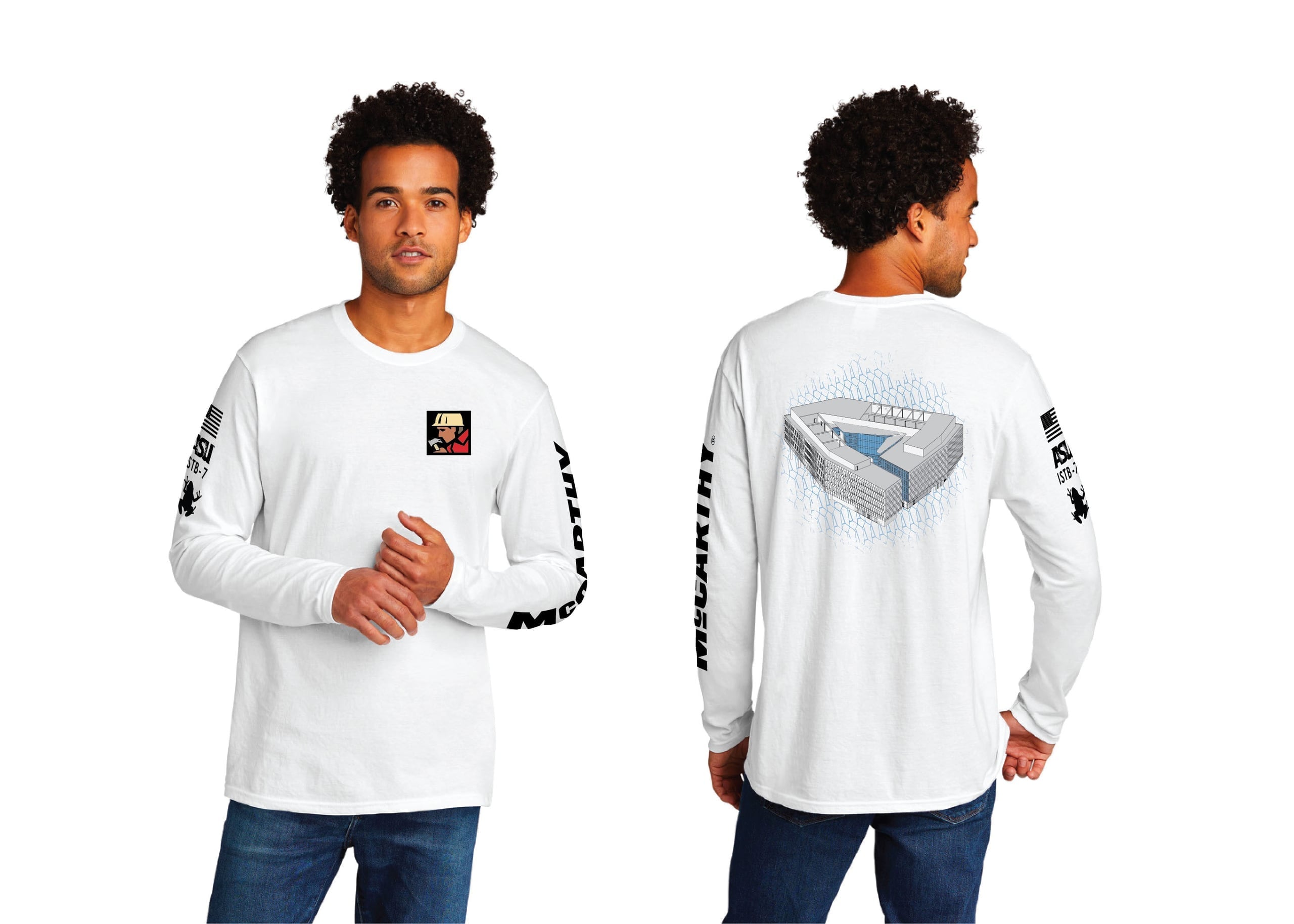 White long sleeved t-shirt with blue long sleeve shirt inside. A black graphic design on the back featuring a car logo and blue text.