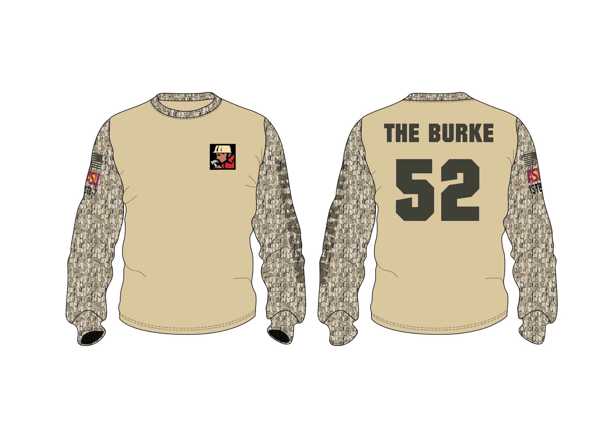 A custom long-sleeve camouflage pattern shirt featuring the 'The Burke 52' branding.